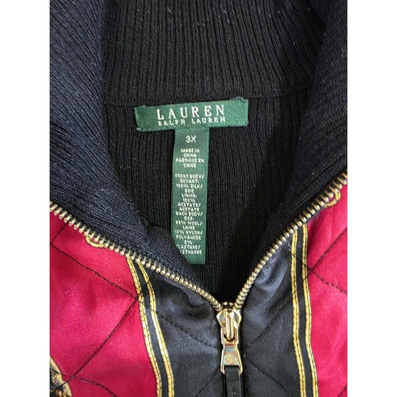 Lauren Ralph Lauren Quilted Equestrian Jacket Sweater 3X Zip Black Red Gold - Picture 4 of 11